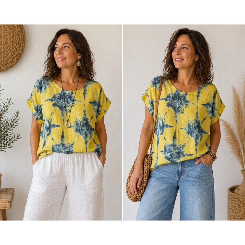 Belleambra Italy Linen Top Women S Boxy Abstract Tie Dye Coastal Artsy Boho Chic